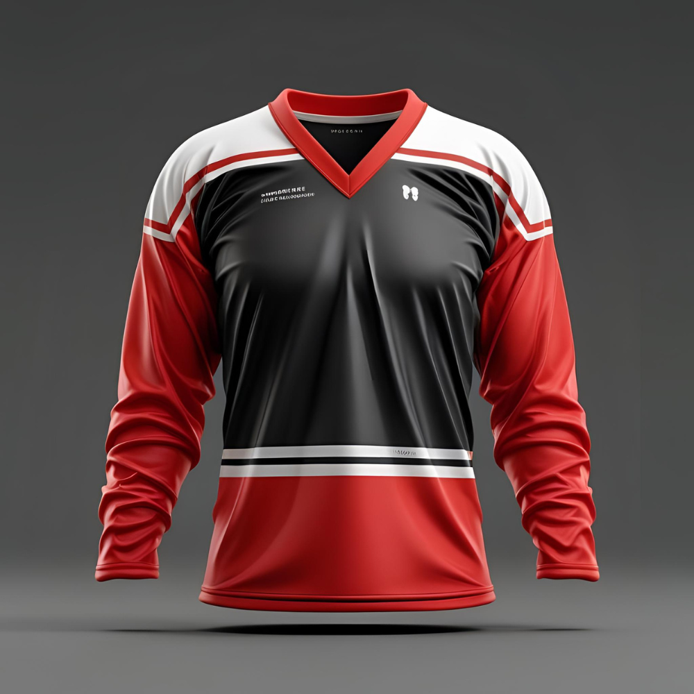 Custom hockey jersey mockup showing personalized team logo, name, and number with vibrant color scheme