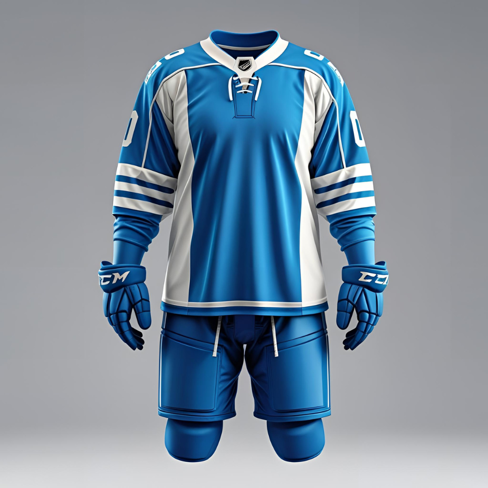 Hockey team skating on ice wearing matching hockey jerseys, highlighting fit, fabric texture, and team branding