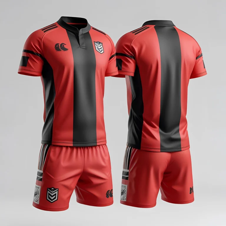 Custom jersey rugby mockup showing personalized team logo, name, and number with vibrant color scheme