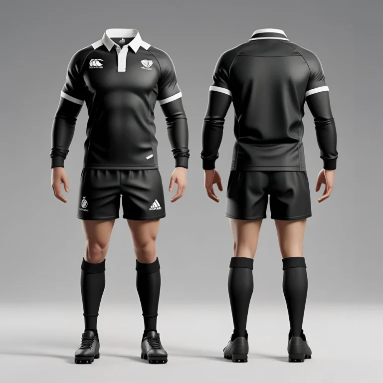 Custom long sleeve rugby shirt mockup showing personalized team logo, name, and number with vibrant color scheme"