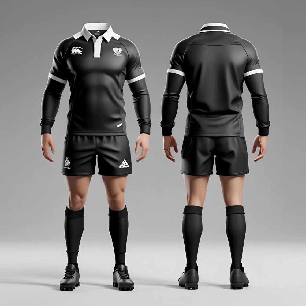 Custom long sleeve rugby shirt mockup showing personalized team logo, name, and number with vibrant color scheme"