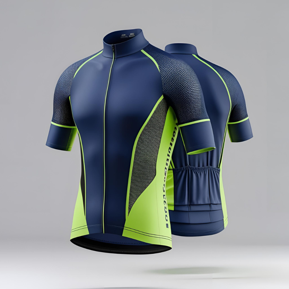 Custom cycling jersey laid flat showing personalized logo, breathable fabric texture, and three back pockets