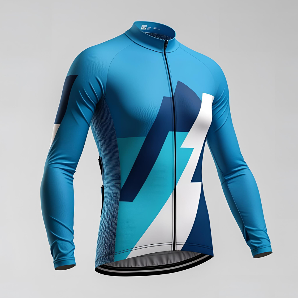 Custom men's cycling jersey laid flat showing personalized logo, breathable fabric texture, and three back pockets