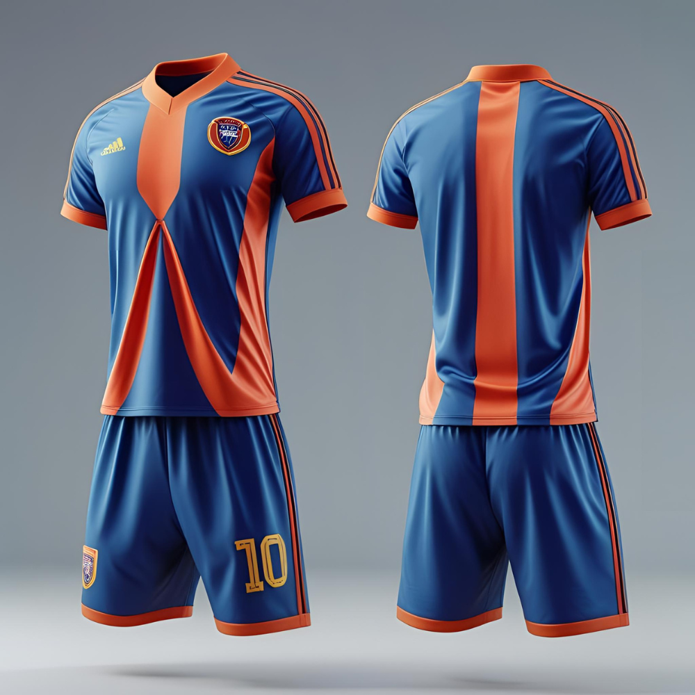Custom soccer uniform set including jersey and shorts displayed flat showing personalized logo and vibrant team colors