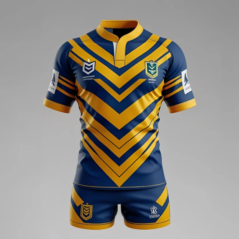 Custom men's rugby jersey mockup showing personalized team logo, name, and number with vibrant color scheme