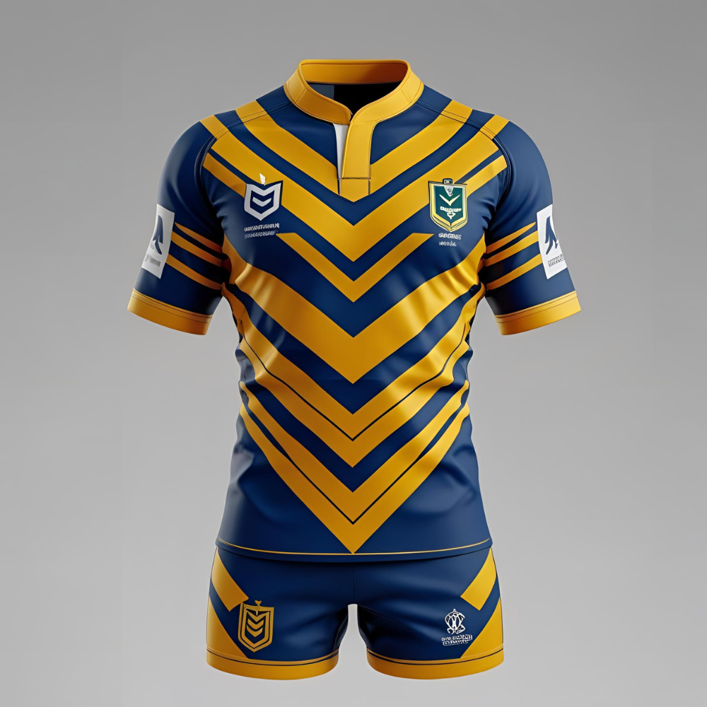 Custom men's rugby jersey mockup showing personalized team logo, name, and number with vibrant color scheme