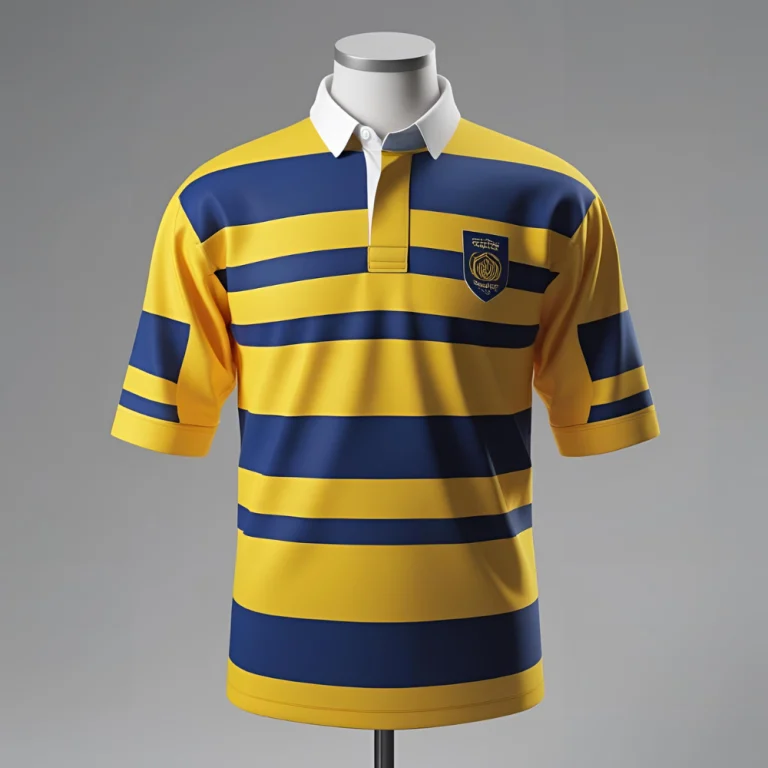 Custom rugby jersey mockup showing personalized team logo, name, and number with vibrant color scheme