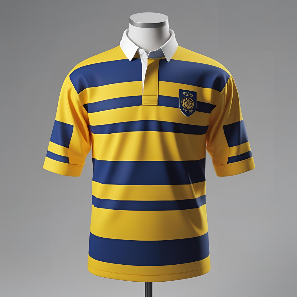 Custom rugby jersey mockup showing personalized team logo, name, and number with vibrant color scheme