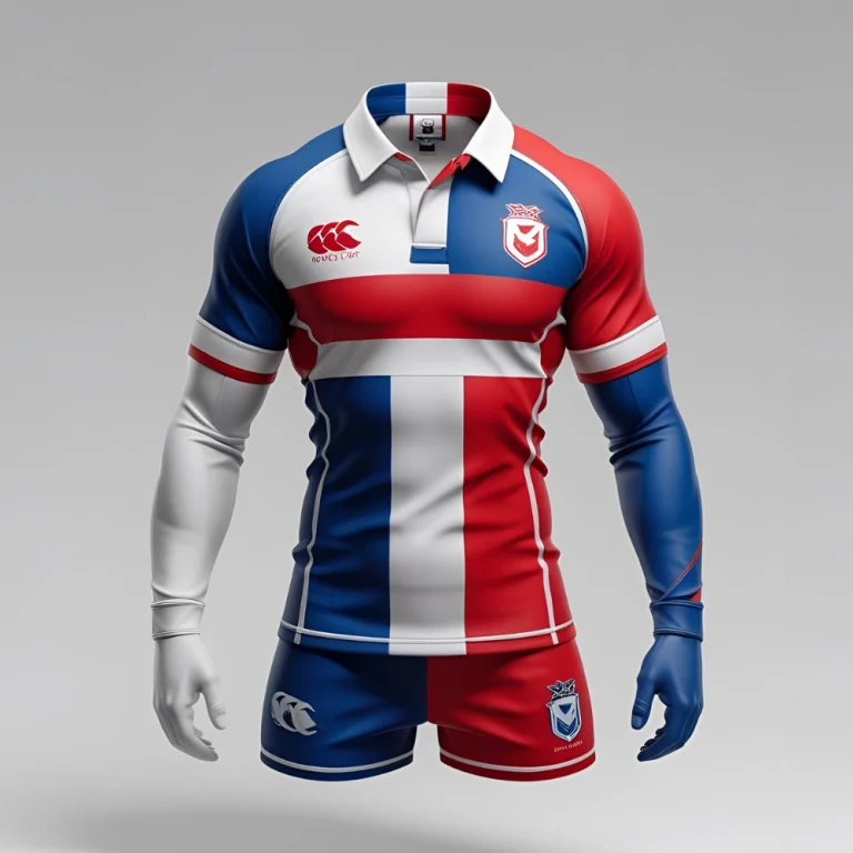 Custom rugby shirt jersey mockup showing personalized team logo, name, and number with vibrant color scheme