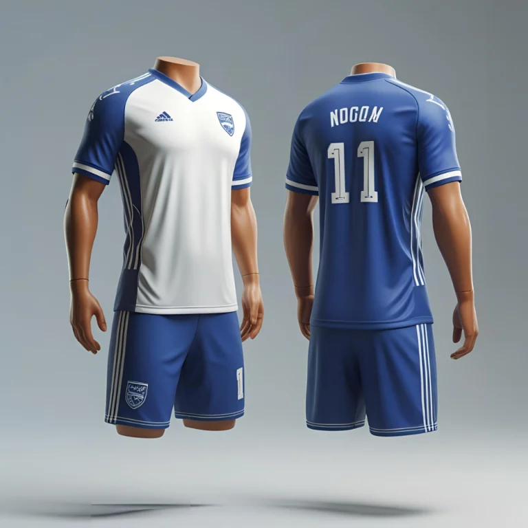 Custom soccer jersey mockup showing personalized team logo, name, and number with vibrant color scheme