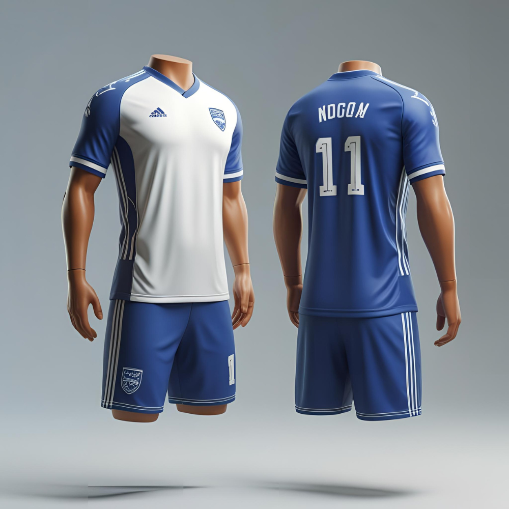 Custom soccer jersey mockup showing personalized team logo, name, and number with vibrant color scheme