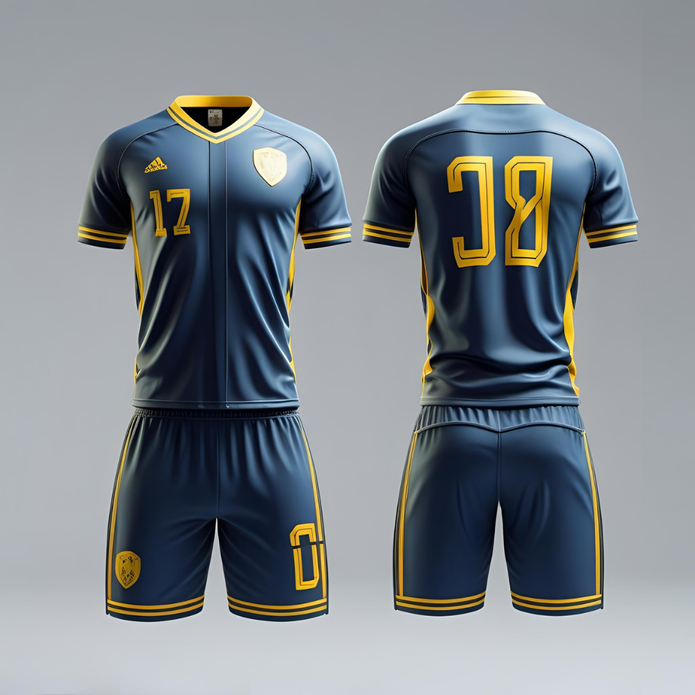 Soccer team playing on field wearing matching soccer team uniforms, highlighting fit, fabric texture, and branding