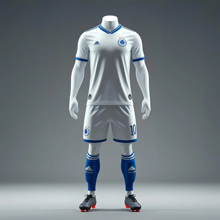 Custom soccer uniforms displayed flat showing vibrant team colors, logo, and clean printing