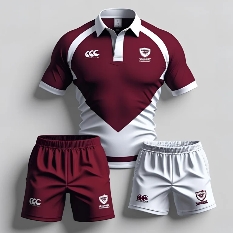 Custom rugby uniform set including jersey and shorts displayed flat showing personalized logo and vibrant team colors