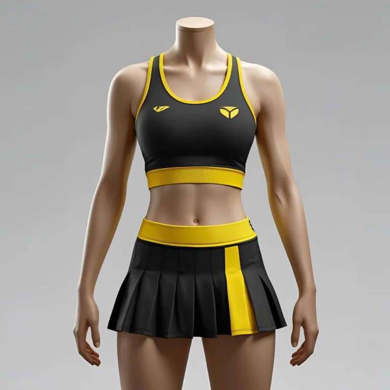 Female tennis player serving on court wearing a custom women's tennis outfit, highlighting mobility, fabric texture, and branding