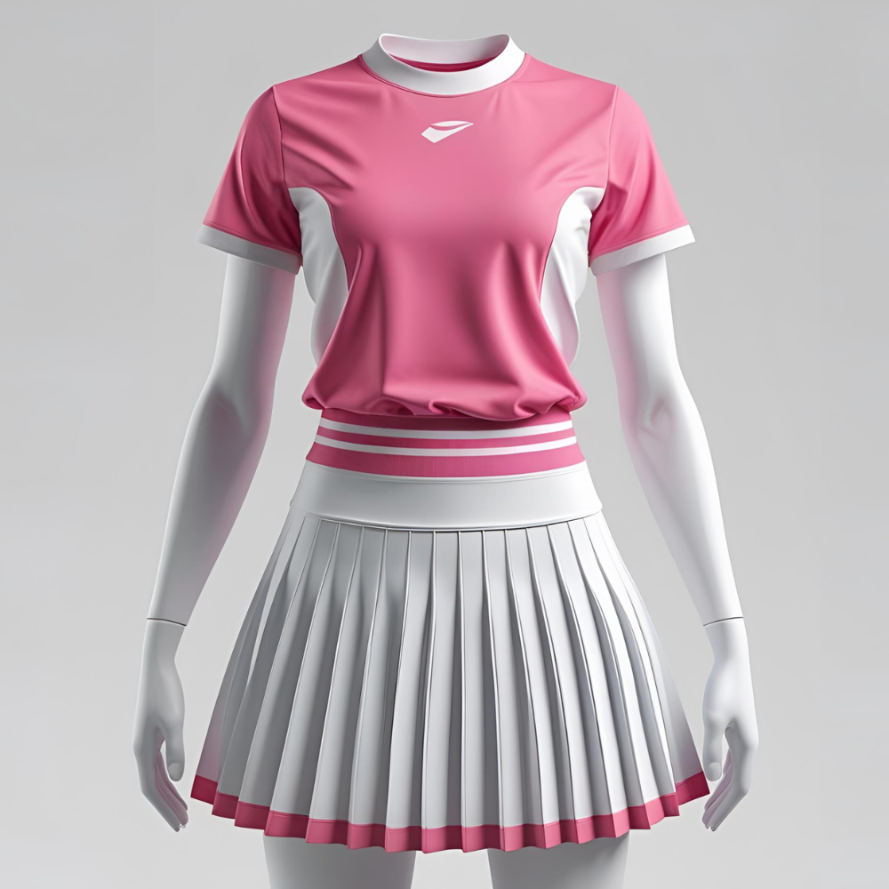 Female tennis player in action wearing a custom women's tennis outfit, highlighting mobility, fabric texture, and branding