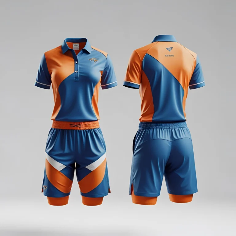 Custom women's tennis clothes mockup showing personalized logo, vibrant color scheme, and tailored fit