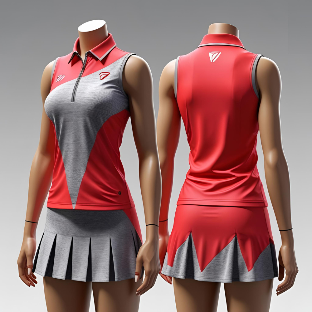 Female tennis player serving on court wearing a custom tennis ladies outfit, highlighting mobility, fabric texture, and branding