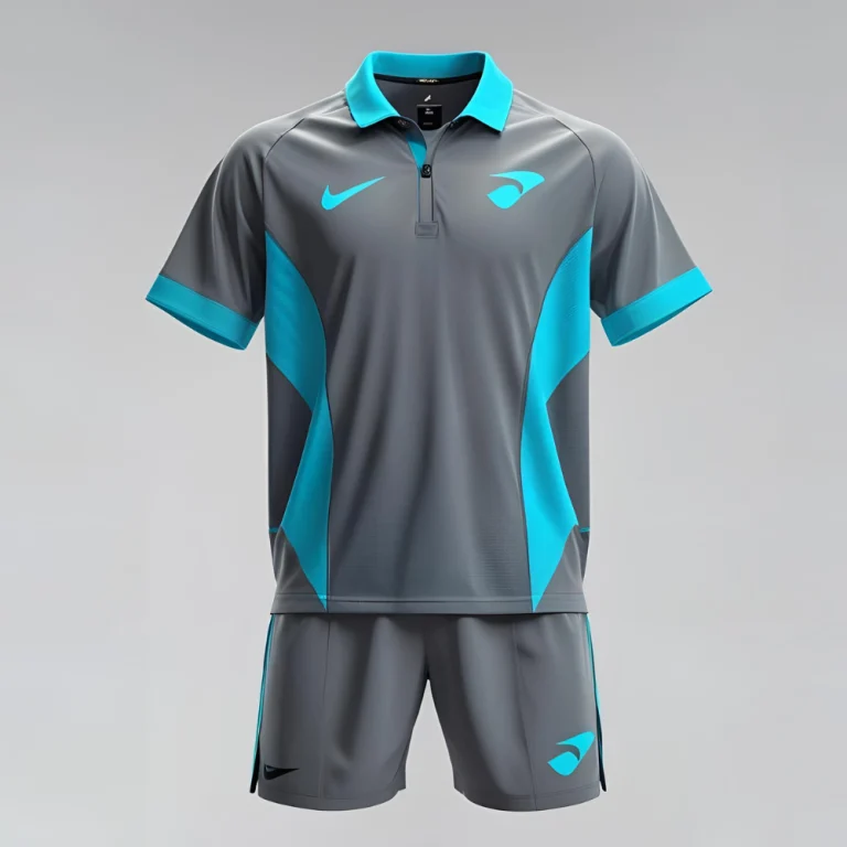 Custom men's tennis outfit mockup showing personalized logo, vibrant color scheme, and tailored fit