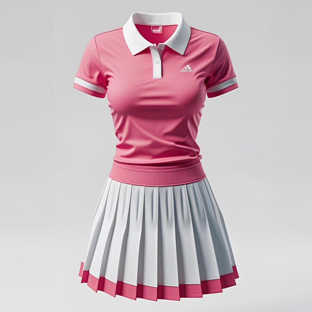 Custom women's tennis outfit mockup showing personalized logo, vibrant colors, and tailored fit