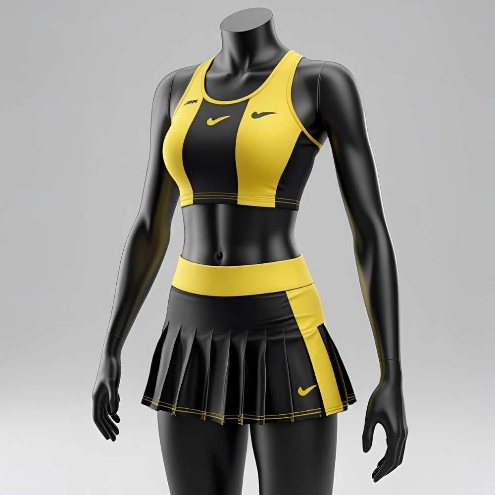 Custom women's tennis outfit mockup showing personalized logo, vibrant color scheme, and tailored fit