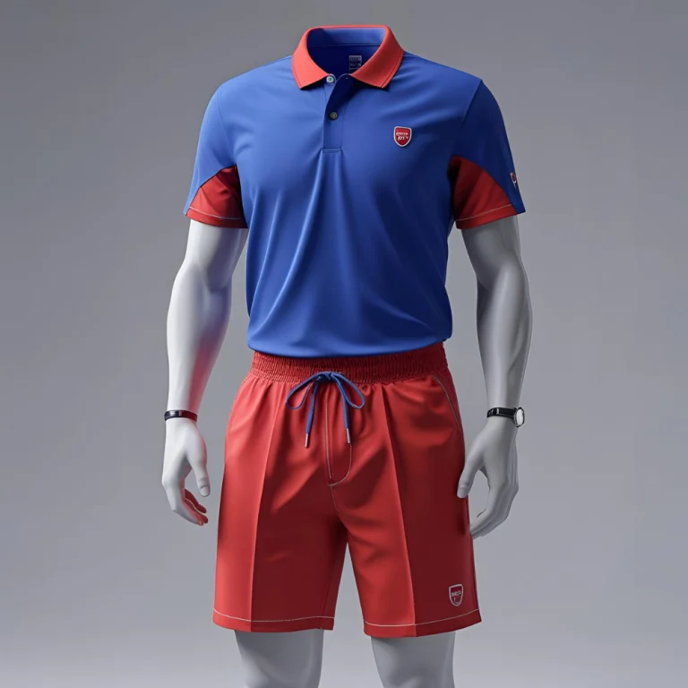 Custom men's tennis wear mockup showing personalized logo, vibrant color scheme, and tailored fit