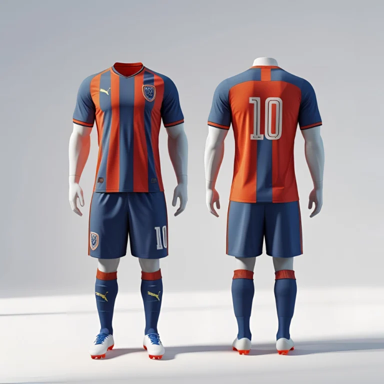 Custom soccer team uniforms displayed flat showing vibrant team colors, logo, and clean printing