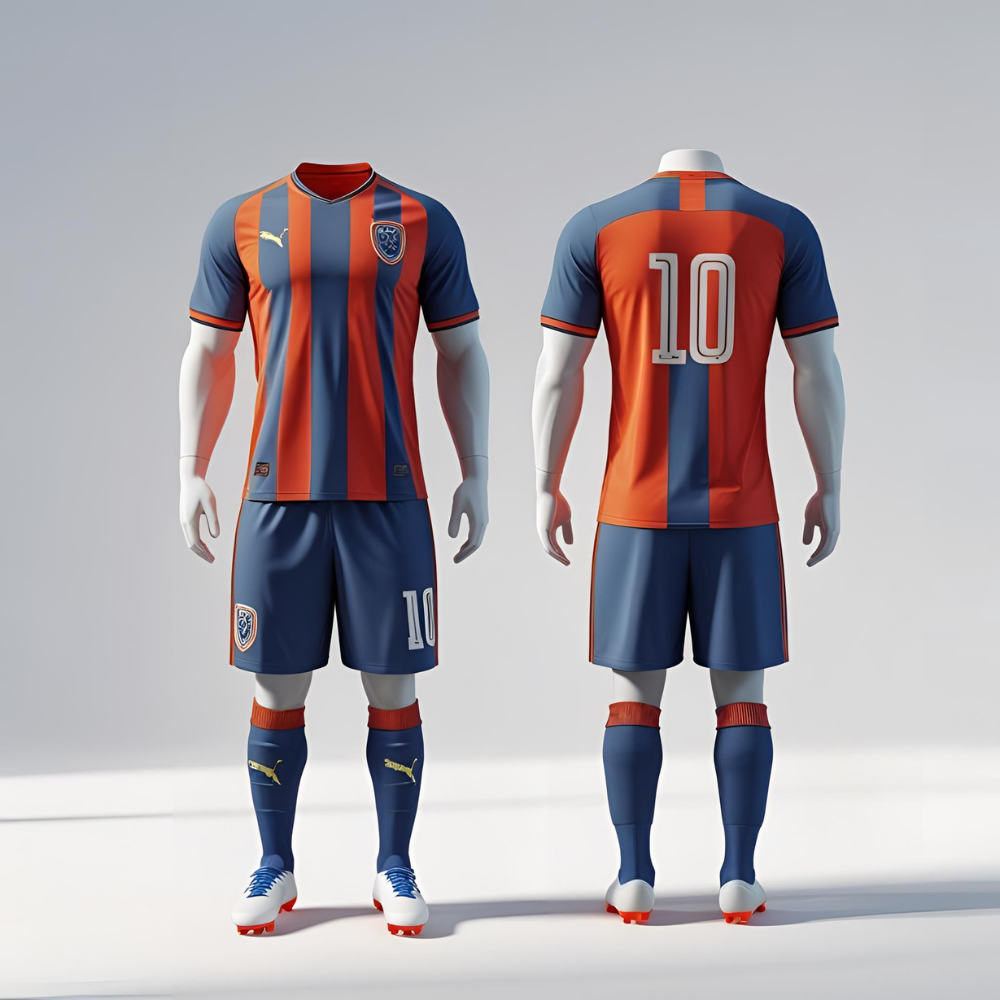 Custom soccer team uniforms displayed flat showing vibrant team colors, logo, and clean printing