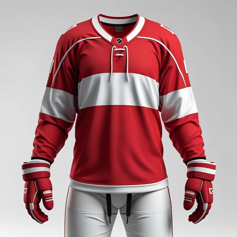 Custom USA hockey jersey mockup showing red, white, and blue design with personalized team name and number