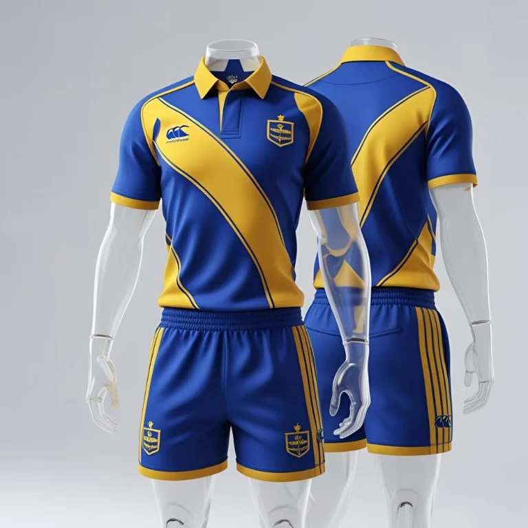 Custom USA rugby jersey mockup showing red, white, and blue design with personalized team name and number