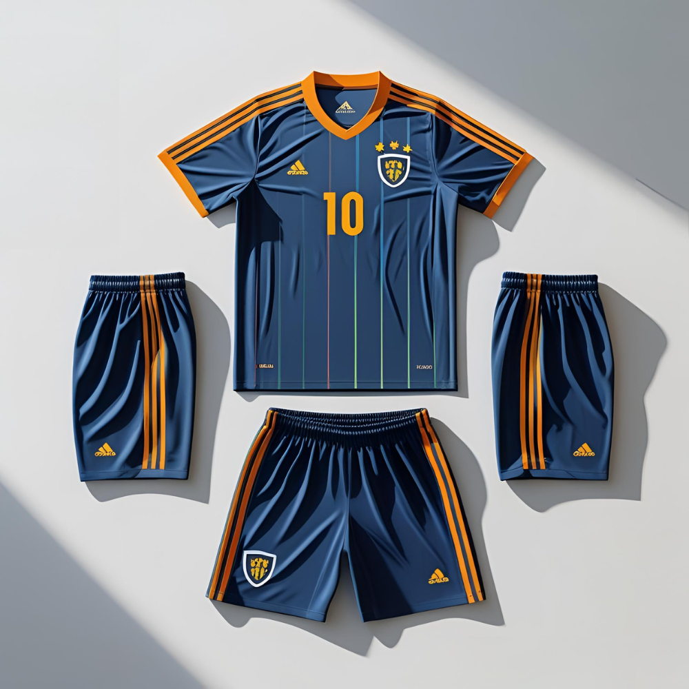 Custom soccer jersey mockup showing personalized team logo, name, and number with vibrant color scheme